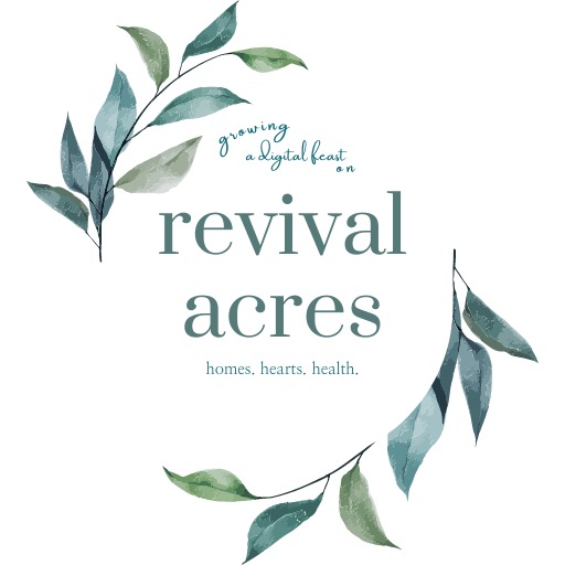 the words revival acres surrounded by watercolor leaves for a site logo